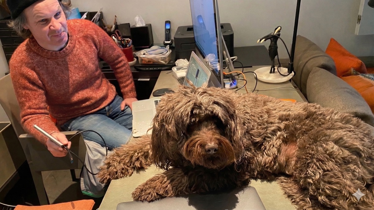 Colin at his desk with his dog sprawled across a MacBook — a typical day at Mac Thing.